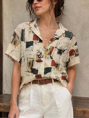 SHEIN Cream Short-Sleeve Button-Down Shirt with Green & Rust Prints